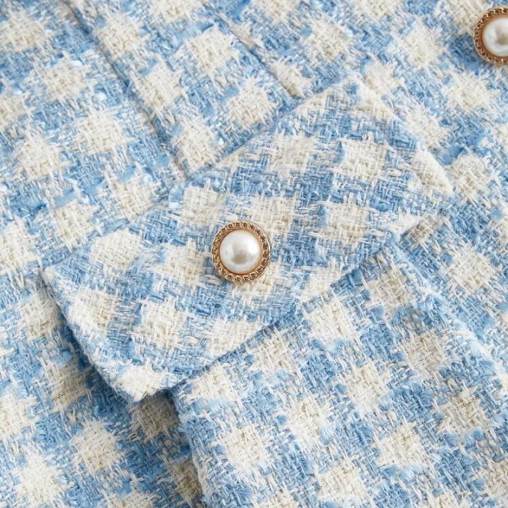 Plaid Pattern Tie Front Fold Pleated Detail Button Dress With Pearl Necklace - Picture 4 of 5